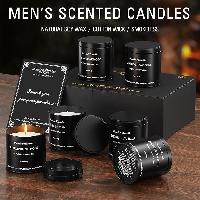 6pcs 8oz Men's Scented Candles Soy Wax Gift Set Black Tins