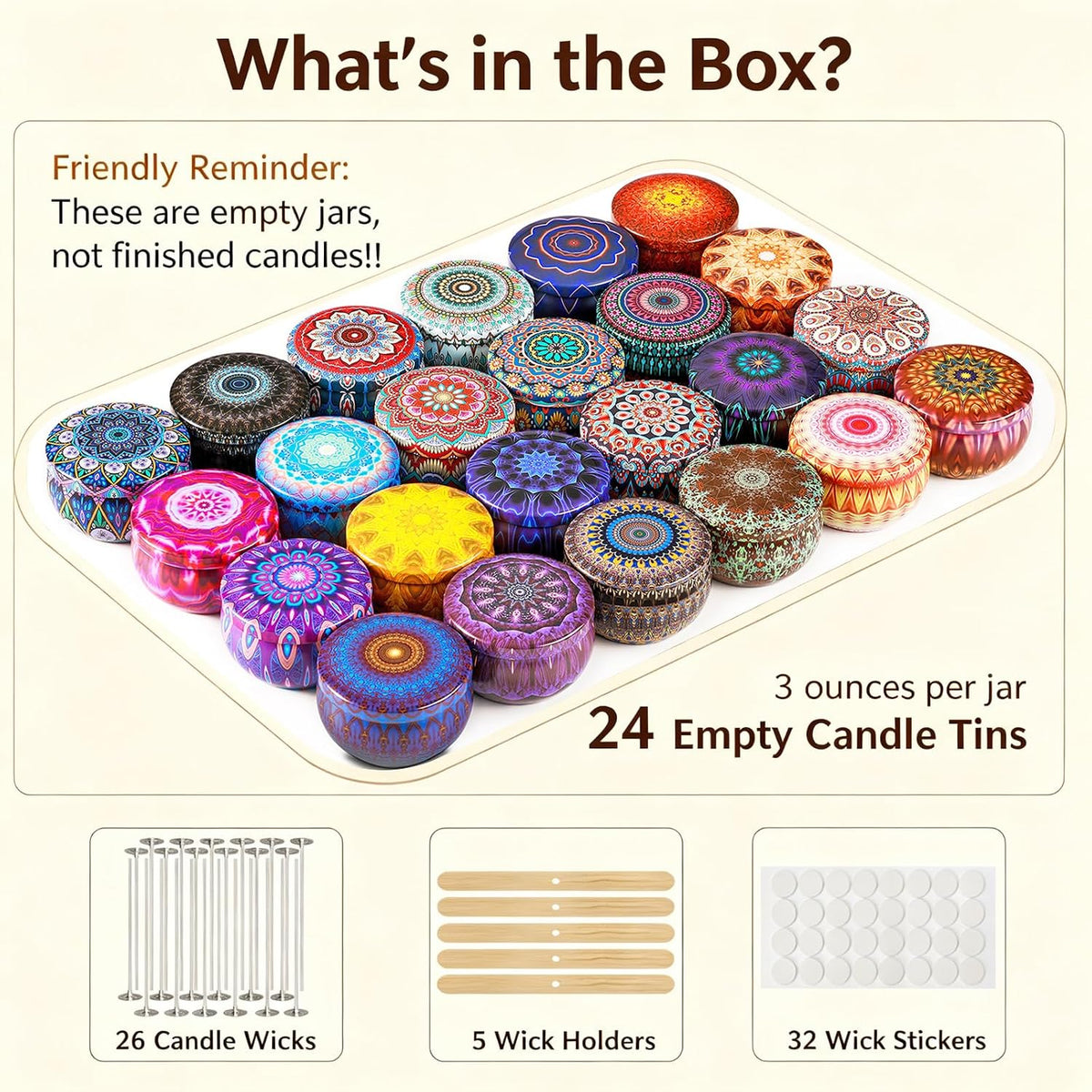 24pcs 3oz Empty Candle Tins Different Patterns with Lids DIY Kit