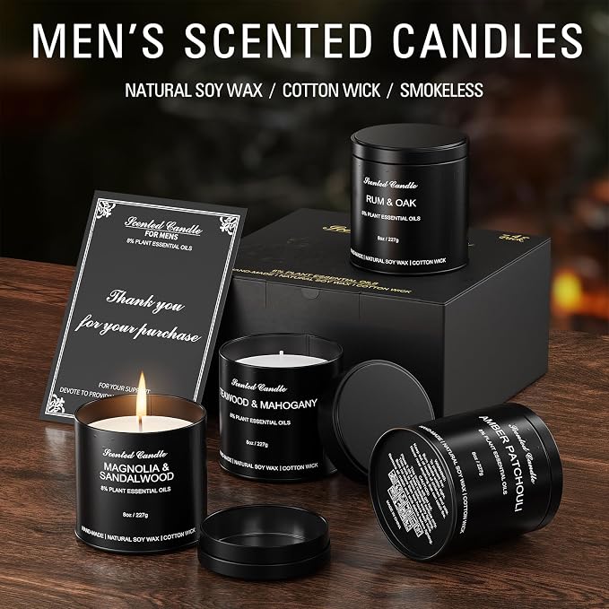 4pcs 8oz Men's Scented Candles Soy Wax Gift Set Black Tins