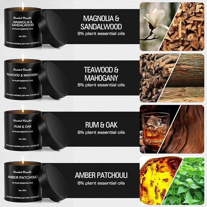 4pcs 8oz Men's Scented Candles Soy Wax Gift Set Black Tins