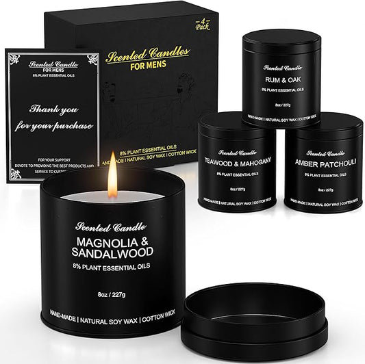 4pcs 8oz Men's Scented Candles Soy Wax Gift Set Black Tins