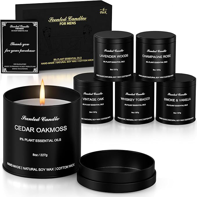 6pcs 8oz Men's Scented Candles Soy Wax Gift Set Black Tins