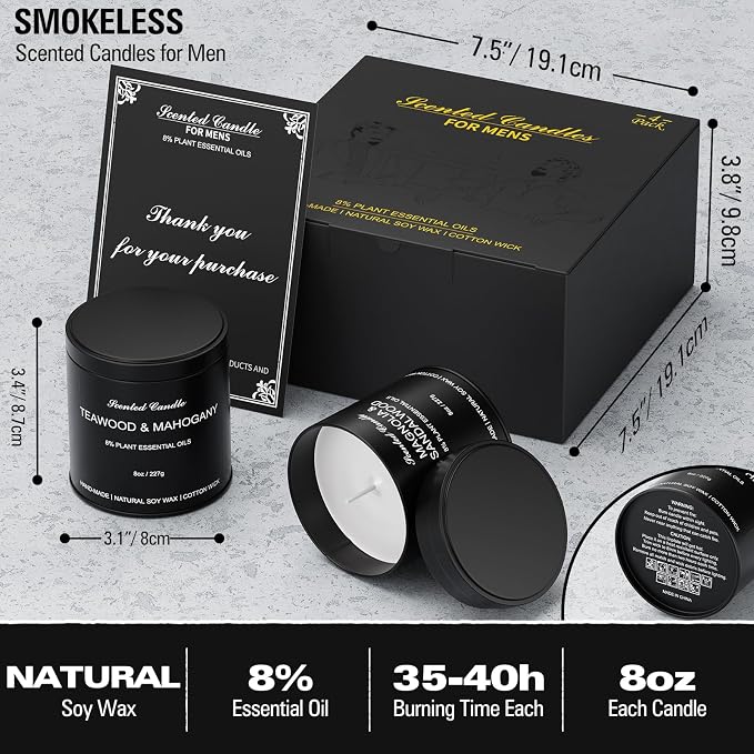 4pcs 8oz Men's Scented Candles Soy Wax Gift Set Black Tins