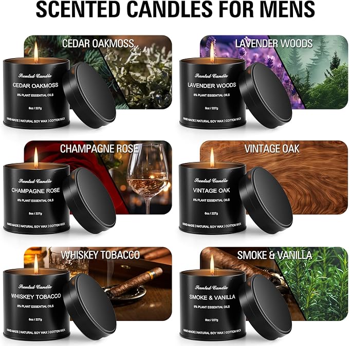 6pcs 8oz Men's Scented Candles Soy Wax Gift Set Black Tins